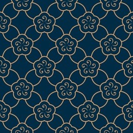 golden arabesque floral mosaic pattern. seamless lattice background. oriental geometric ornament. decorative flower lace printing block. abstract bouquet all over design. ecru flowers on a indigo blue