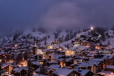scenery winter evening / sunset view of old village of zermatt in switzerland