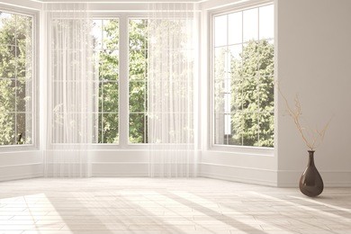 white empty room with green landscape in window. scandinavian interior design. 3d illustration