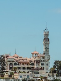 montaza palace in alexandria, egypt a palace, museum and extensive gardens in the montaza district. it was built on a low plateau east of central alexandria overlooking a beach mediterranean sea.