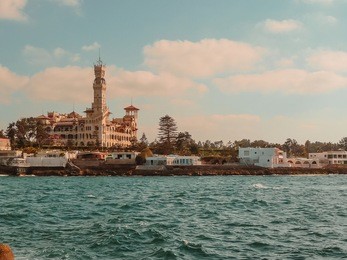 montaza palace in alexandria, egypt a palace, museum and extensive gardens in the montaza district. it was built on a low plateau east of central alexandria overlooking a beach mediterranean sea.