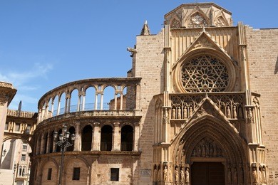 valencia cathedral dedicated to virgin mary. built between 1252 and 1482 on the site of a mosque and previosly a roman temple dedicated to goddess diana.