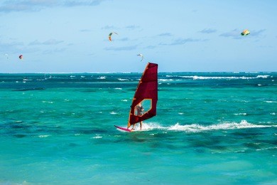 windsurfers on the le morne beach in mauritius