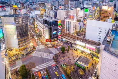shibuya, tokyo, japan cityscape over the scramble crosswalk.