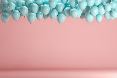 blue balloons floating in pink pastel background room studio. minimal idea creative concept.