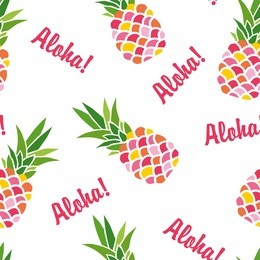 exotic fruits. seamless background with pineapples. colorful pineapples vector illustration. vector seamless pattern with colorful pineapples and the words "aloha"