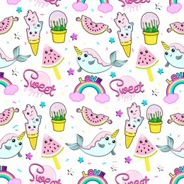 abstract seamless ice cream pattern. creative vector kids background with ice cream, cute eyes, cactus, stars, rainbow. funny kids pattern for textile and fabric. fashion ice cream pattern style.