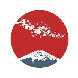 cherry blossom branch with red sun in asian style. sakura blossom and sunrise. japanese symbols mount fuji. vector illustration.