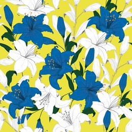 trendy summer floral pattern lily flowers. botanical  motifs scattered random. seamless vector texture. for fashion prints. printing with in hand drawn style on vivid leomon yellow background.