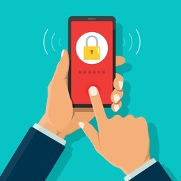 businessman hand holding smartphone and touch on screen for try to login to phone by fingerprint scan and screen showing invalid password and locked. phone security with finger scan when stolen.