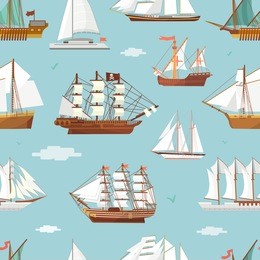 vector ship boat miniature vessel old vintage sailboat souvenir sea shipping travel white canvase seamless pattern background. adventure sailboats