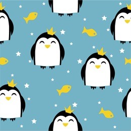 children's seamless pattern with penguins and ice. penguins princes with crowns and stars.