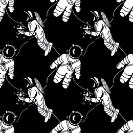 seamless pattern with cosmonauts in space. black and white illustration.