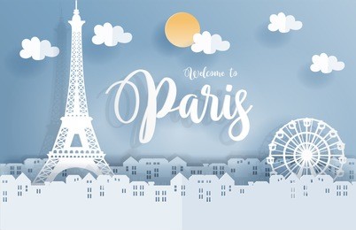 symbol of paris in paper cute style with city and eiffel tower, welcome to paris, france. vector illustration.