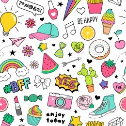 cute funny doodles seamless pattern on white background for teenage girls