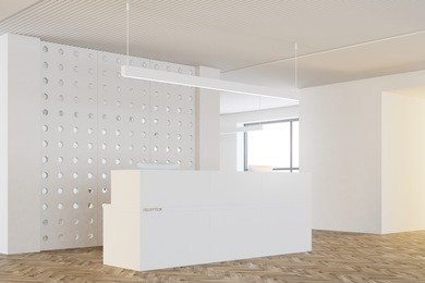 white pattern wall office interior with a wooden floor, a white and wooden reception and an open space area in the background. a side view. 3d rendering mock up