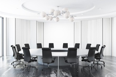 white meeting room interior with a black marble floor and a round table with black chairs. 3d rendering mock up