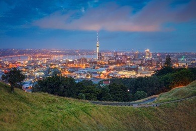 auckland. cityscape image of auckland skyline, new zealand taken from mt. eden at dawn.