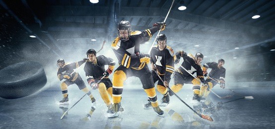 decisive throw of the puck and goal. collage from three models about ice hockey players in action on ice. male professional athletes swinging his stick before a decisive blow. tension and rage. sports