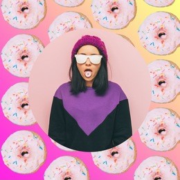 girl with glasses and a sweater with a doughnut in her mouth. fashion collage minimalism