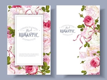 vector vintage floral banners with peony, hydrangea, rose flowers and ribbon. romantic design for natural cosmetics, perfume, women products. can be used as greeting card. best for wedding invitation