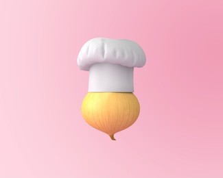 chef hat with onion concept on pastel pink background. minimal idea food and fruit concept. creative to produce work within an advertising marketing communications or artwork design. 3d illustration