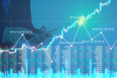 businessman on digital stock market financial positive indicator background. double exposure of growth graph futuristic chart currency. investor wall street technology. economic money exchange concept