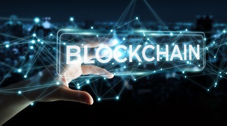 businesswoman on blurred background using blockchain cryptocurrency interface 3d rendering