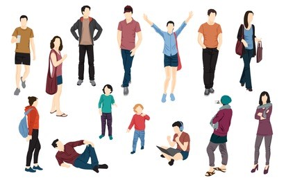 set of men, women and girls standing and sitting, in various poses, cartoon character,  people, business, group, vector silhouette, flat designe icon, different colors, isolated on white background