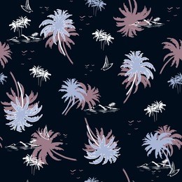 hand drawn group of palm trees on little island with boat seamless pattern, summer touristic sketch design on navy blue background
