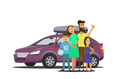 happy family goes by car on vacation. father, mother, son, daughter and dog go on a trip. vector illustration in a flat style