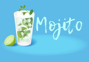 fresh ice frozen alcoholic drink bar cocktails mojito cuban classic made with rum lime juice soda brown cane sugar fresh mint and ice. modern vector illustration abstract summer blue background