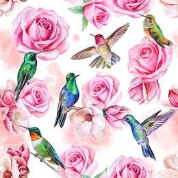 roses, magnolia, birds of the hummingbird. seamless wallpaper with pits and flowers.. seamless wallpaper. illustration. watercolor. template. handmade. clipart