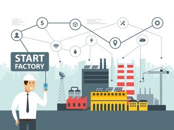 smart factory and network icons. engineer starting a smart plant. smartphone online control big data. vector illustration.