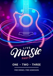 live music party design template with text, neon guitar silhouette and speed movement lights. use for flyer, banner, poster, invitation. retro vintage style. vector illustration.