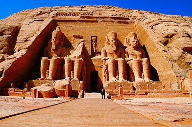 partial view of two massive rock temples, the twin temples were originally carved out of the mountainside during the reign of pharaoh ramesses ii