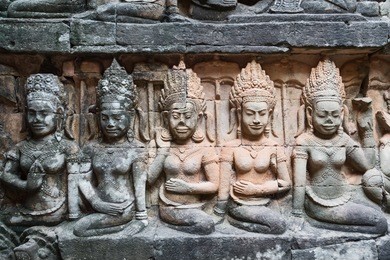 the hidden wall, terrace of the leper king, carvings of nagas and deities of the underworld, angkor wat, siem reap. cambodia