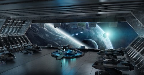 huge blueish landing strip spaceship interior 3d rendering elements of this image furnished by nasa