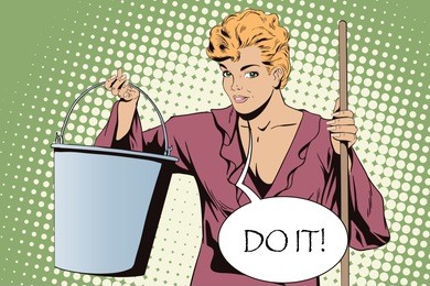 stock illustration. people in retro style pop art and vintage advertising. woman from cleaning service.