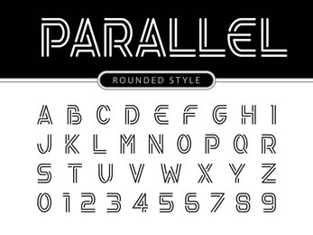 vector of modern alphabet letters and numbers, parallel lines stylized rounded fonts, double line for each letter, minimal letters set for futuristic, normal font trendy style english
