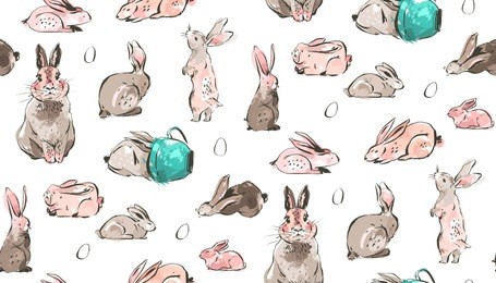 hand drawn vector abstract sketch graphic scandinavian freehand textured modern collage happy easter cute simple bunny illustrations seamless pattern and easter eggs isolated on white background.