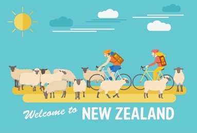 flat design, illustration of tourists riding bicycles and flock of sheep, vector