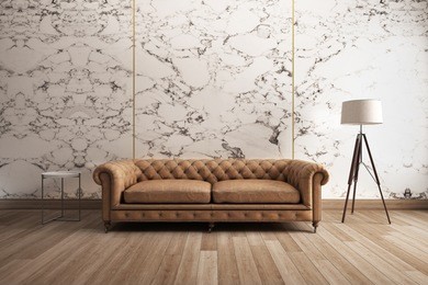 classic sofa with white marble wall  wooden floor. 3d illustration