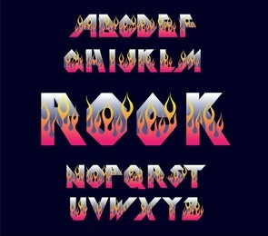 alphabet 80's retro font. fire flame burning fonts.vector typography for flyers, posters. fiery effect shiny letters. 80s metallic style,vintage.retro rock font alphabet.3d logo set elements design