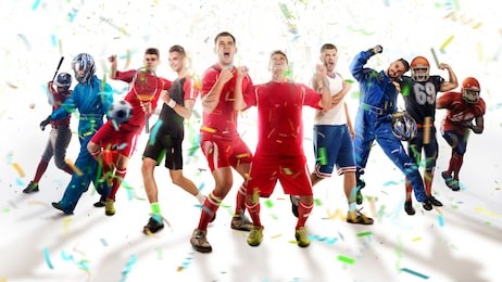 successful football, soccer, basketball, baseball, tennis players, cars, boxing fighters on professional 3d basketball court arena in lights with confetti, serpantine and smoke. collage, multi ,sport