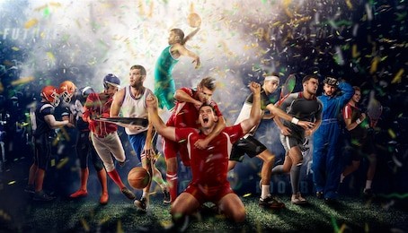 successful football, soccer, basketball, baseball, tennis players, cars, boxing fighters on professional 3d basketball court arena in lights with confetti, serpantine and smoke. collage, multi ,sport