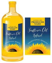 vector label for refined sunflower oil with sunflower and calligraphic handwritten inscription on blue gradient background. template label for sunflower oil on glass bottle in retro style.