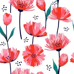 beautiful summer freshy trendy wild blooming flower pink tulip  seamless pattern in a hand drawing style. aquarelle wild flower on white background, texture, wrapper 