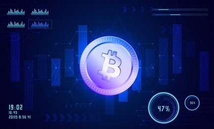 ico initial coin offering futuristic hud background with bitcoin and graph. bitcoin cryptocurrency ico coin sale event - blockchain business banner concept.
