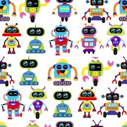 a cute, small, friendly blue with a red robot, with antennas and wires, kind vintage eyes and comic style inscriptions. abstract seamless robot pattern for girls or boys. creative robot vector pattern